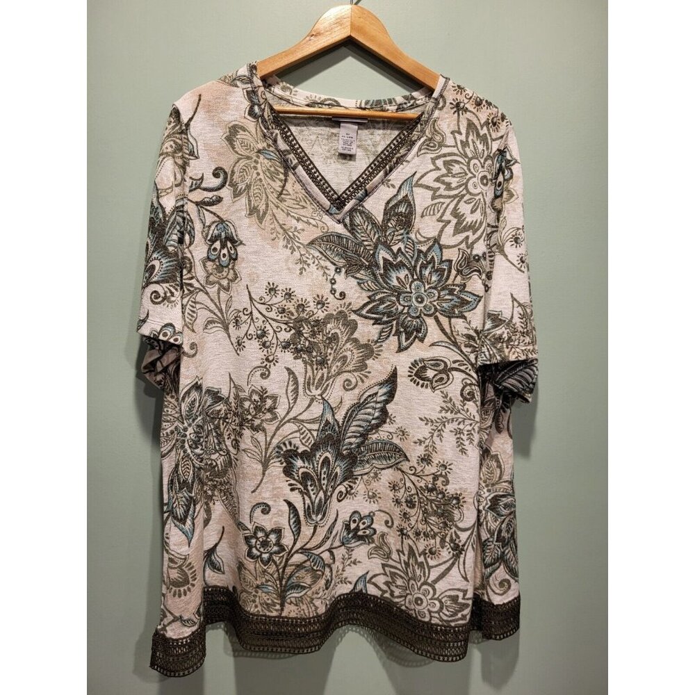 Catherines Green Paisley Floral Short Sleeve Lightweight Knit Top Sz 2X